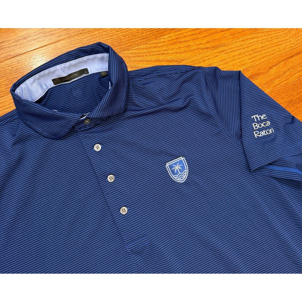 Greyson The Boca Raton Golf Club Polo Shirt Mens Large Blue Black Striped